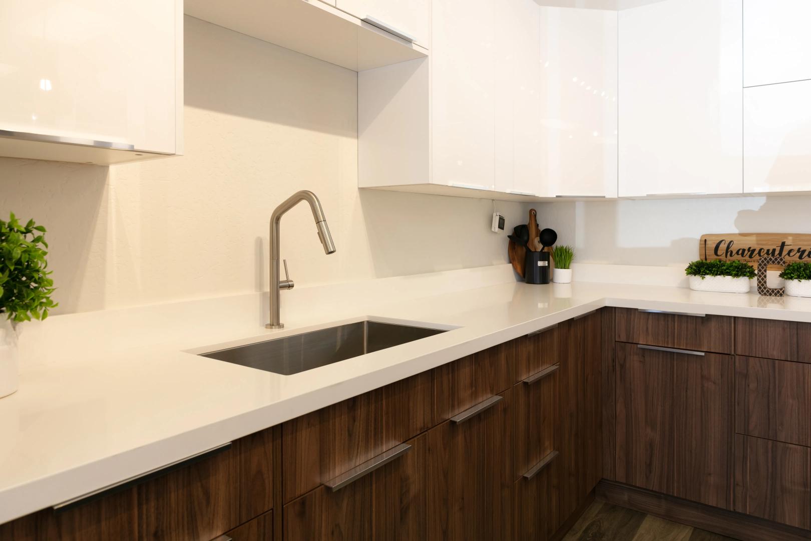 Walnut Euro Cabinets with Super White Quartz Countertop